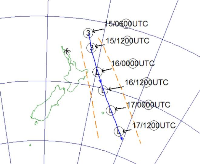 Track of TC Pam. The orange lines mark the uncertainty of the track. Times are given in UTC, add 13 hours for New Zealand local time - Tropical Cyclone Pam © MetService